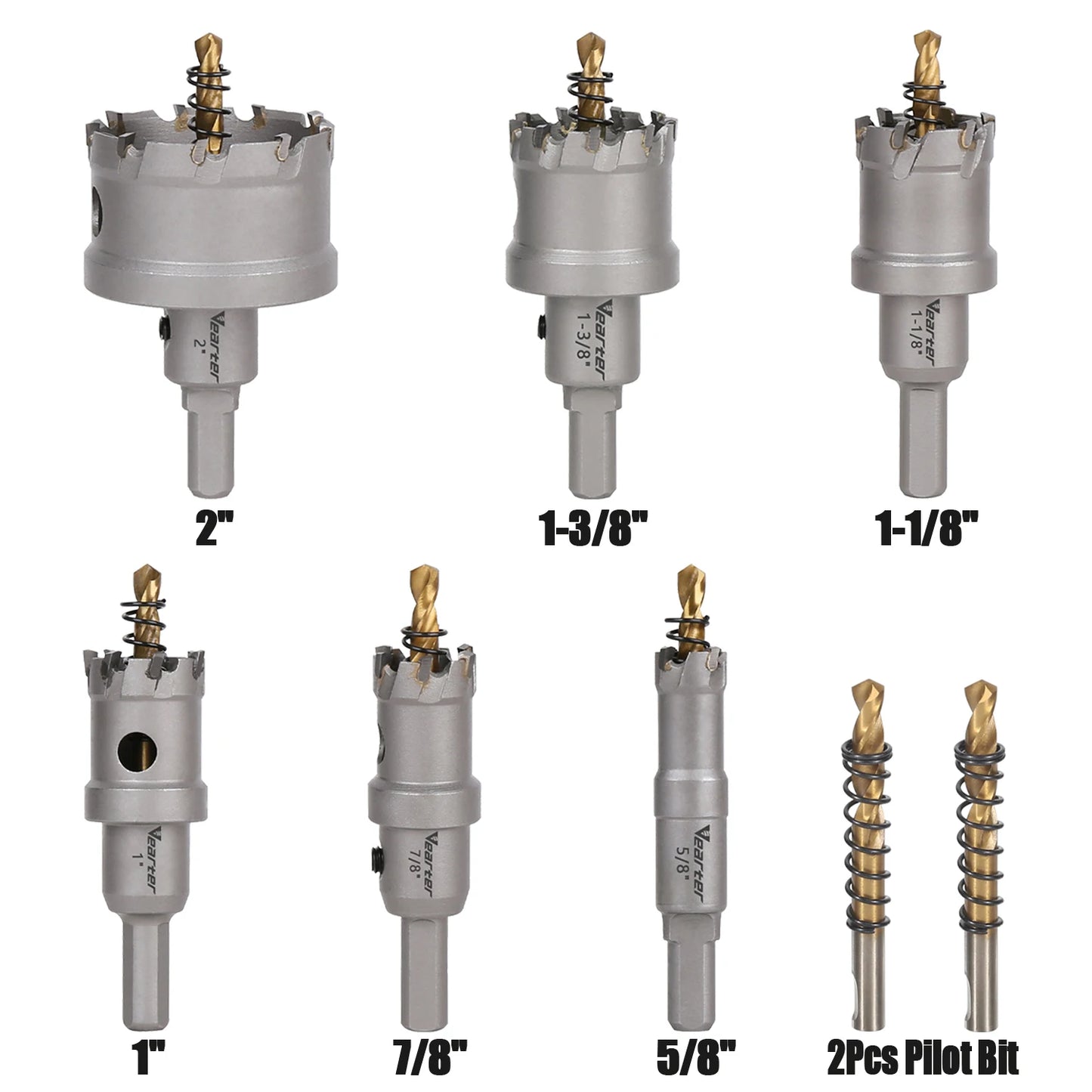 Vearter 6Pcs Carbide TCT Hole Saw Kit with 2Pcs Pilot Bits For Hard Metal Stainless Steel Copper Iron Aluminium Alloy