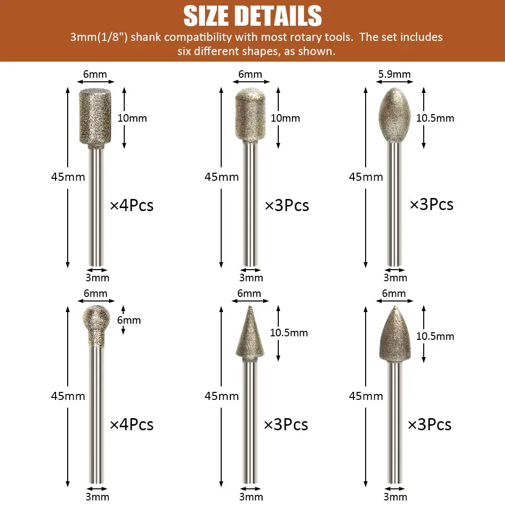 Diamond Burr Bits Set 20 Pcs Polishing Kits Rotary Tools Accessories with 1/8’ Shank For Carving Engraving Grinding Polishing