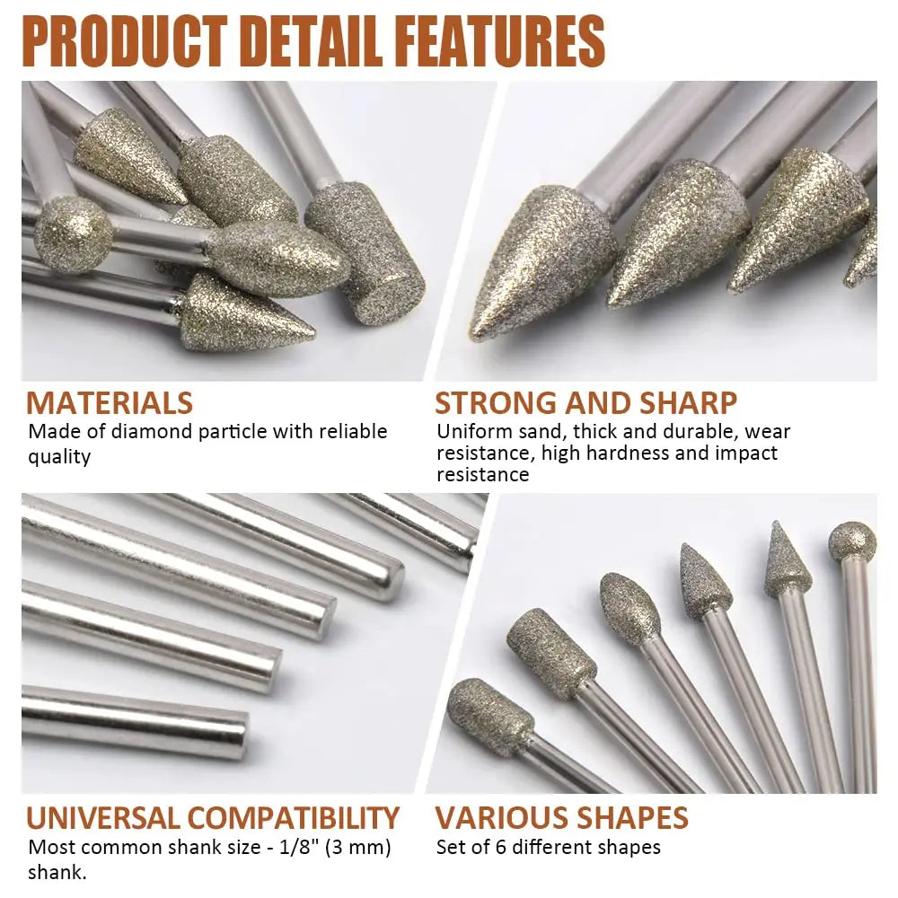 Diamond Burr Bits Set 20 Pcs Polishing Kits Rotary Tools Accessories with 1/8’ Shank For Carving Engraving Grinding Polishing