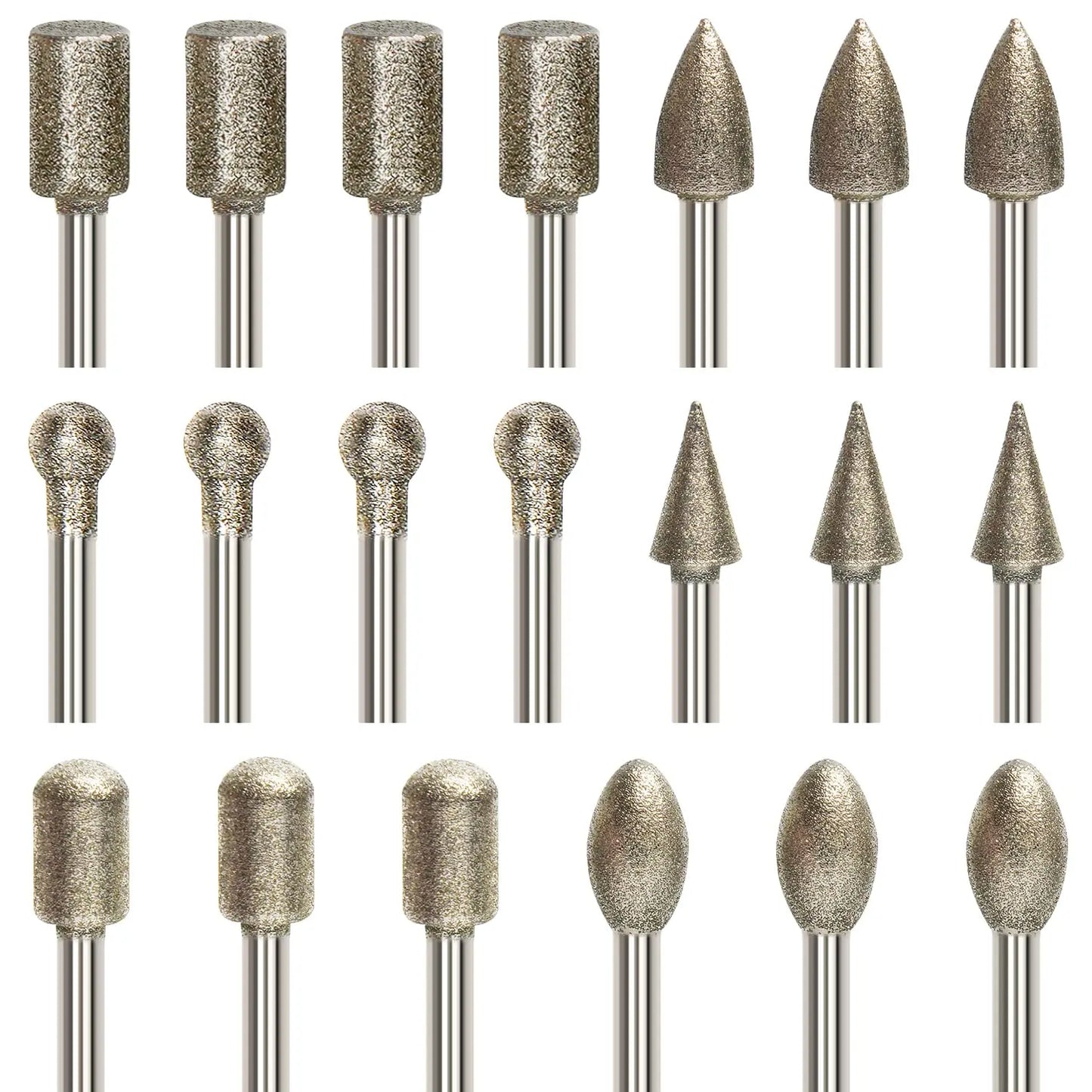 Diamond Burr Bits Set 20 Pcs Polishing Kits Rotary Tools Accessories with 1/8’ Shank For Carving Engraving Grinding Polishing