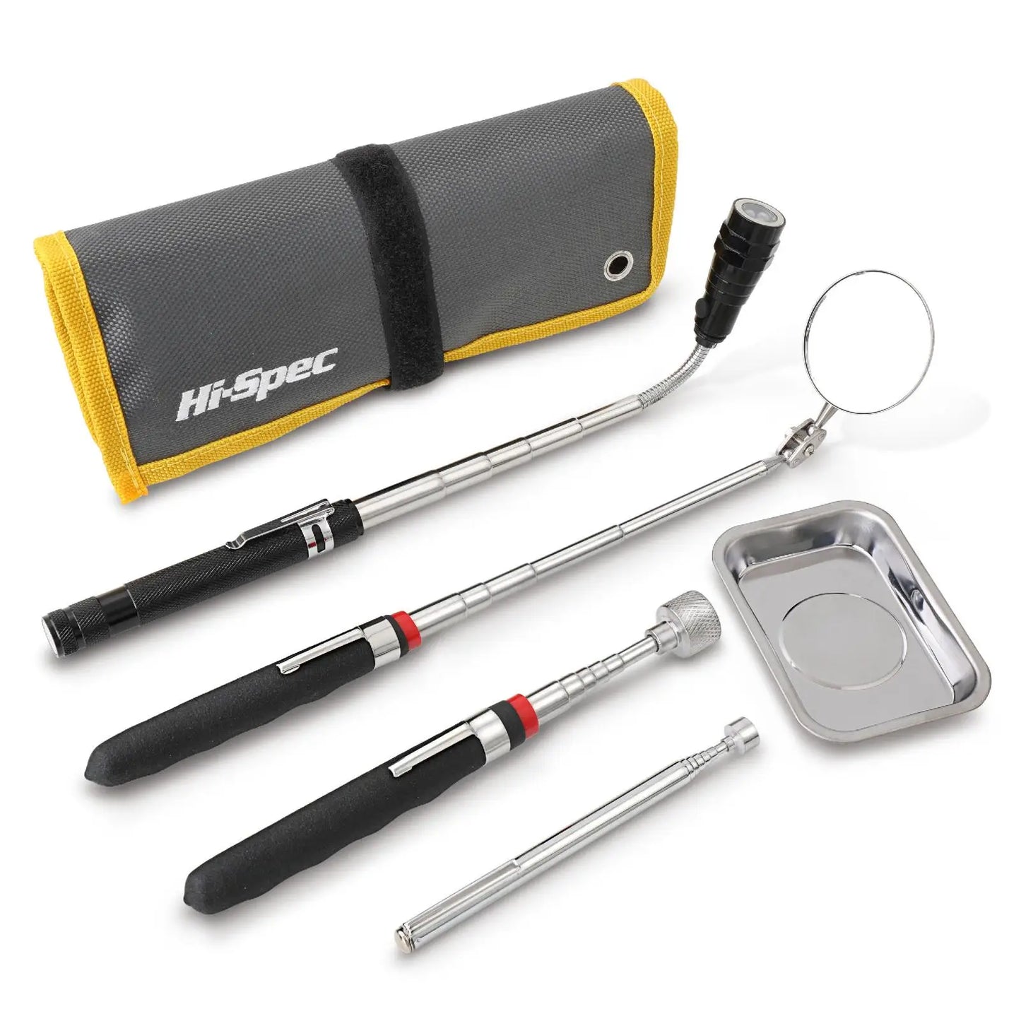 Hi-Spec 5 Piece Pick Up Tool Kit, Magnetic Pickup Tool with LED Light, Extending Inspection Mirror & Magnetic Tray with Tool Bag