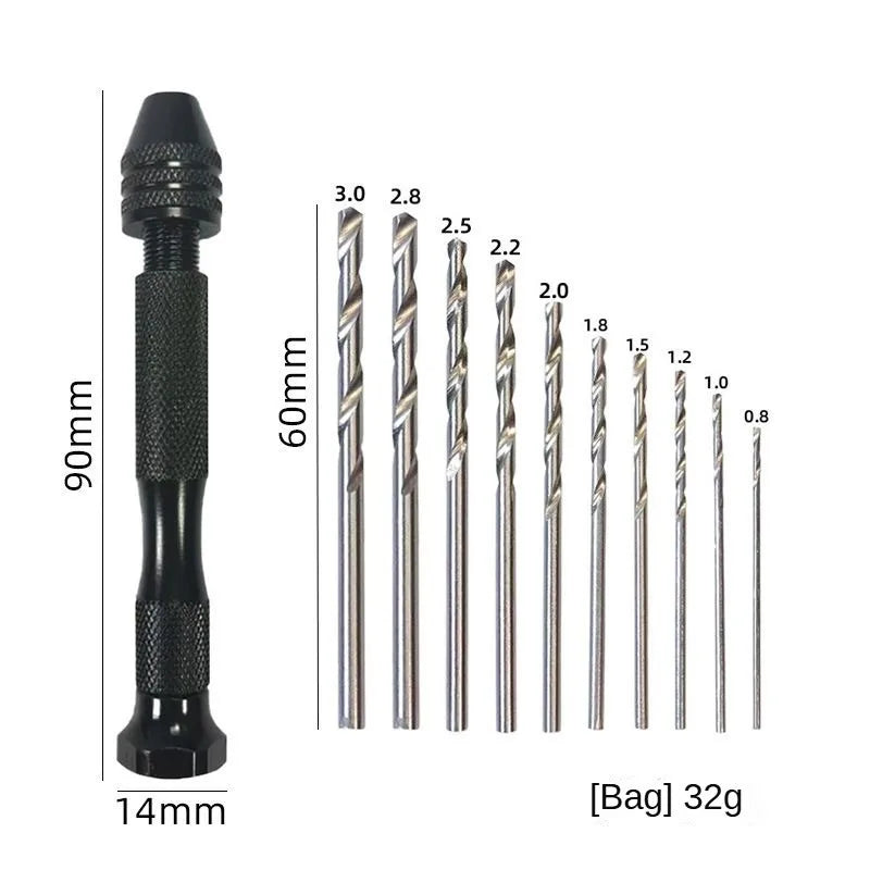 Mini Tool Set with Black Hand Twist Drill 10Pcs Fried Dough Twists Drill for Woodworking Drilling Rotary Wood Holes Tools